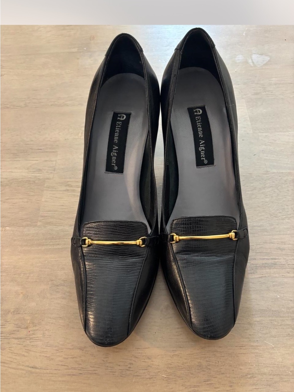 Etienne Aigner Black Leather Loafers with Gold Bit